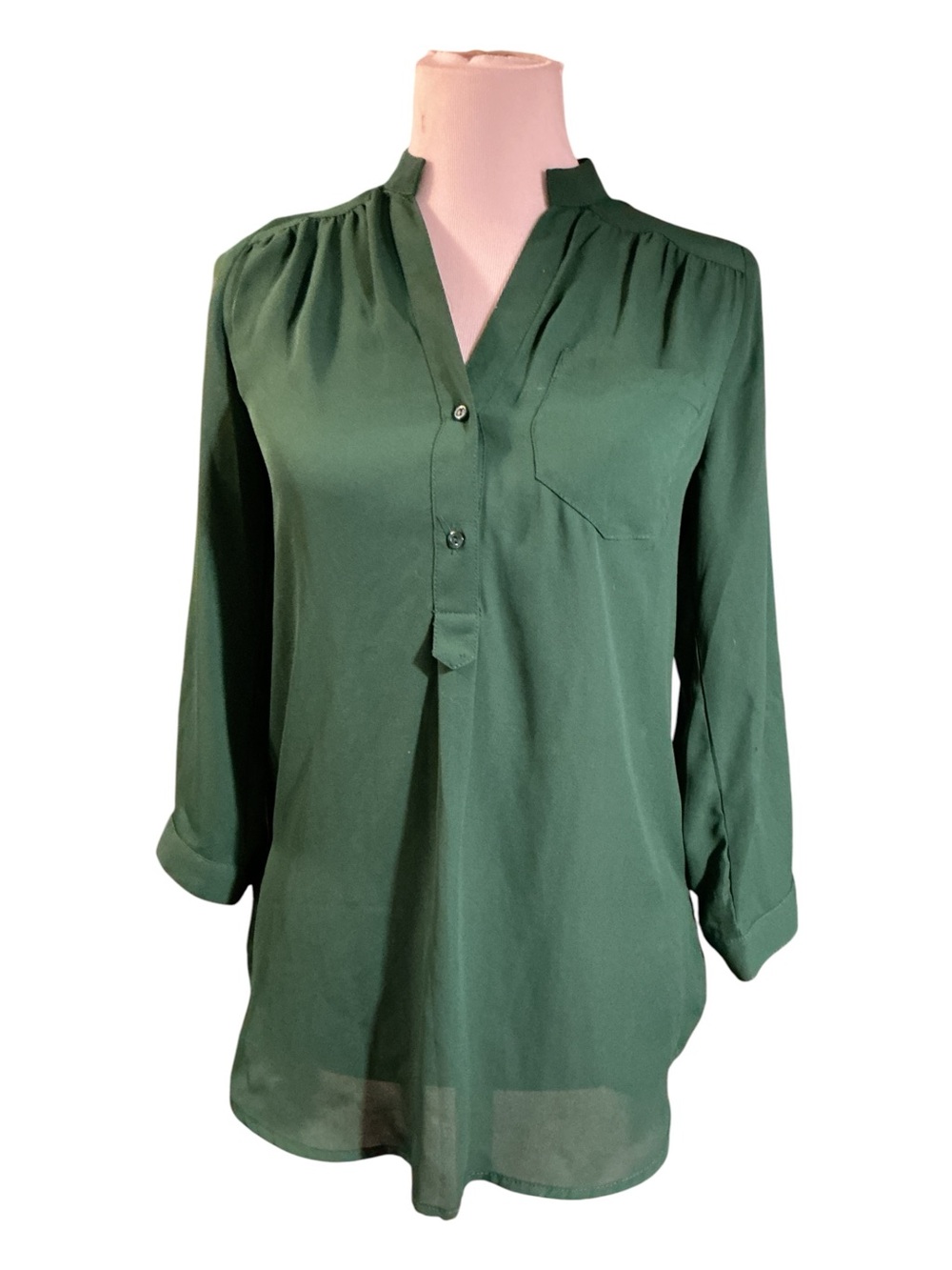 Womens Forest Green V-Neck Button Pullover Blouse
